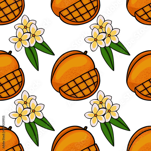 Seamless vector pattern featuring ripe mango slices and delicate frangipani flowers with green leaves on a clean white background.