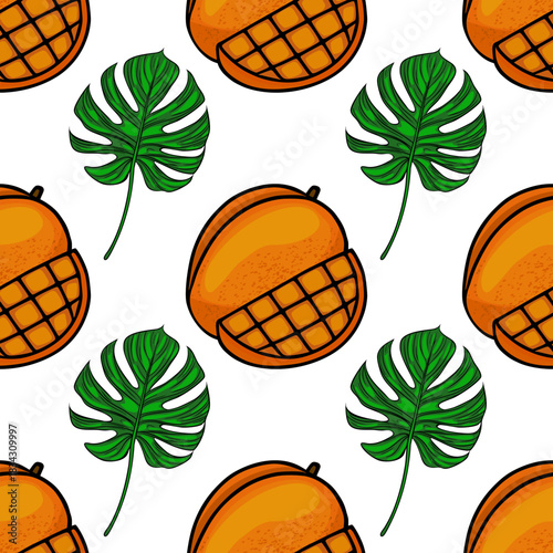 Seamless vector pattern of vibrant orange mango halves and lush green monstera leaves on a clean white background, evoking a tropical summer theme.