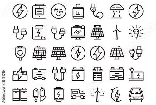Energy charging icon set featuring plugs batteries and power symbols high resolution vector