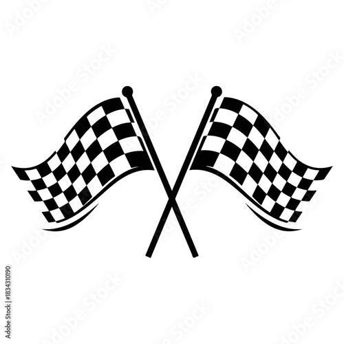 Two Racing Checkered Flags Crossed and Waving Against a White Background Dynamic Motion Symbolizing Victory and Competition