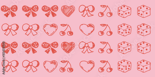 Hand drawn pink pattern with bows hearts cherries and dice