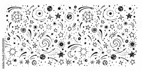 Hand drawn stars planets comets and space elements vector illustration