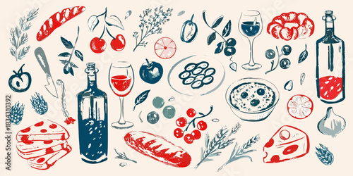 Hand drawn mediterranean food and drink illustration with wine cheese and bread