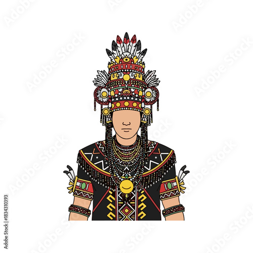 Detailed illustration of a person in traditional indigenous clothing and headdress, featuring intricate beadwork and colorful feathered adornments