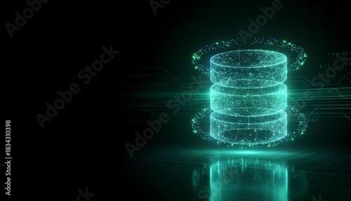 Digital representation of a database server with glowing lines and a dark background.