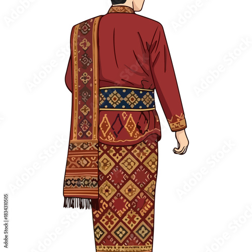 Traditional Indonesian Man in Richly Patterned Red Attire with Elaborate Sash and Sarong, Back View