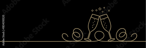 Champagne flutes clinking celebration  line art on black background