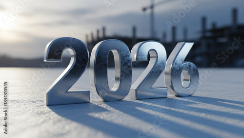 Wallpaper Mural Metallic 2026 numbers casting long shadows on a concrete surface with construction in background Torontodigital.ca