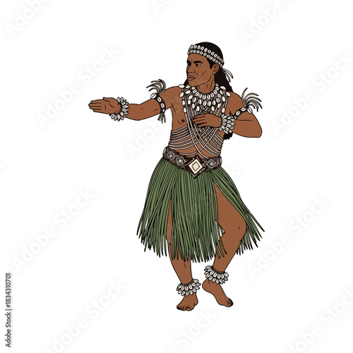 Traditional Polynesian Man Performing a Hula Dance in a Grass Skirt and Tribal Ornaments