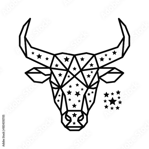Geometric bull head with stars, celestial modern line art design