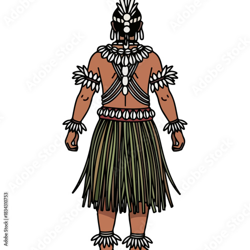 Traditional Warrior Male Native Man With Grass Skirt And Feathered Headdress Tribal Body Paint And Adornments