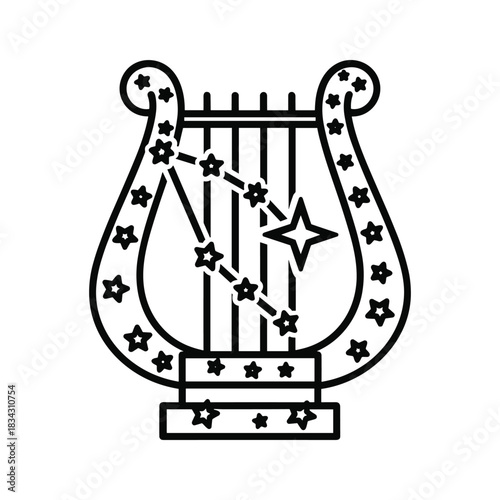 Ornate lyre instrument with stars and constellation, astrology