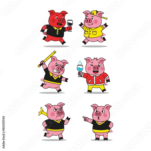 Collection of six cartoon pigs in various poses and outfits depicting different emotions and activities like drinking and playing sports