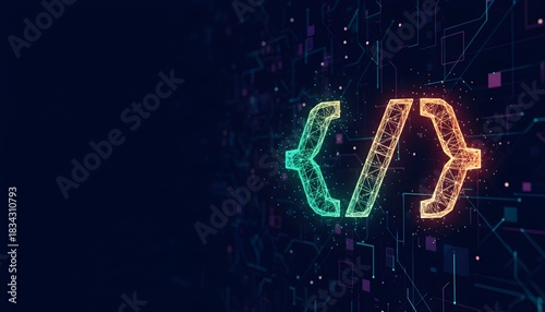 Glowing polygonal code brackets symbol on a dark futuristic digital background with network connections.