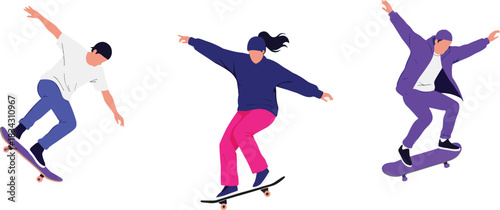 Dynamic vector illustration of three diverse young people skateboarding, performing tricks and jumps with vibrant, energetic style, representing youth, sport, freedom, and extreme urban lifestyle