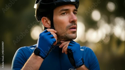 Focused cyclist prepares for a ride, adjusting helmet in soft natural light