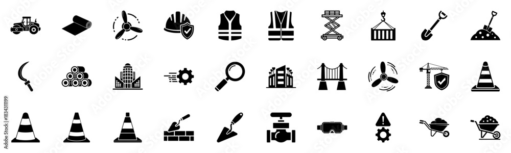 Obraz premium Construction & Home Repair Icon Pack, Tools, Houses, Workers, Hard Hats Illustration, Building Maintenance Concept