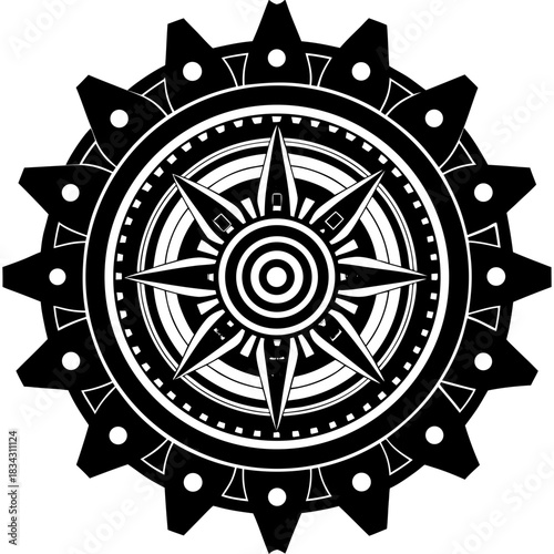 Intricate black and white circular compass rose design
