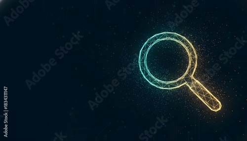 Digital magnifying glass icon representing search and discovery with a glowing network effect on a dark background ideal for technology concepts