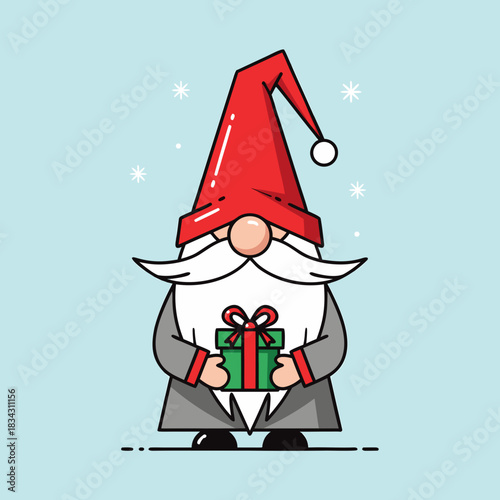 Christmas gnome character holding present, adorable Christmas gnome. Charming gnome is ready for Christmas celebrations with gift box, cute cartoon gnome on light blue background.