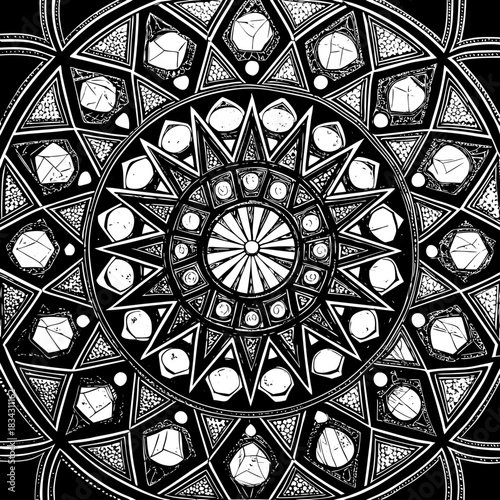 Intricate black and white geometric mandala with gemstone elements