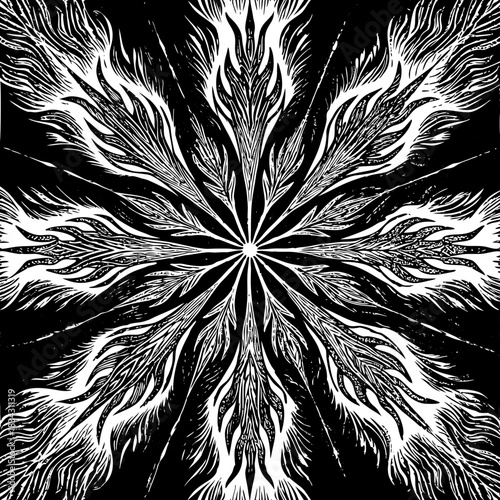 Symmetrical abstract black and white radial design with fiery elements