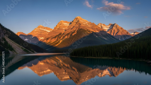 Golden light on majestic mountains reflecting in pristine lake