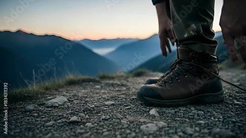 Preparing for a scenic hike in the mountains, tying hiking boots tightly