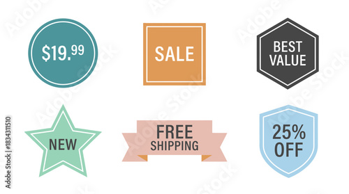 Dynamic set of promotional badges featuring sale, best value, free shipping, 25% off, and new product announcements