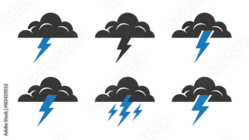 Stormy Weather Icons: A collection of stylized icons, representing different phases of a storm. Each icon captures the power of nature with stylized dark cloud and electrical strikes 
