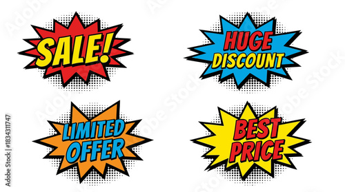 Eye-Catching Comic Sale Badges Announce Huge Discounts and Limited Offers for Retail Promotions Attracting Bargain Hunters Now