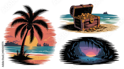 Tropical Sunset Scenes: The image captures a tropical paradise with a silhouette of a palm tree, a hidden treasure chest filled with gold coins, and the sun setting over the ocean.