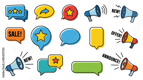 Colorful speech bubbles and megaphones promoting sales and offers, perfect for advertising and online marketing campaigns, scalable graphics