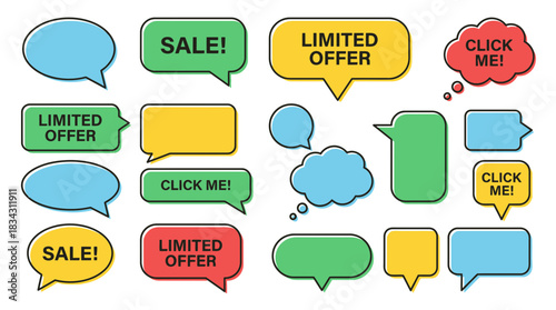 Eye-catching sale bubble set for modern marketing campaigns, boost your sales with vibrant promotional speech bubbles and limited offers