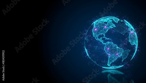 Digital representation of the Earth with glowing nodes and interconnected lines, on a dark background.