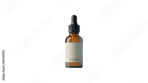 Amber Dropper Bottle: A minimalist studio shot of a sleek amber glass dropper bottle with its accompanying pipette, designed to dispense liquids precisely.