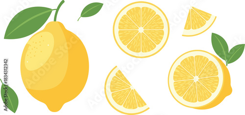 Fresh and vibrant vector illustration of a whole lemon with green leaves, accompanied by bright yellow slices and wedges, perfect for healthy food, juice, recipes, and summer refreshment concepts