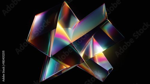 A vibrant, multi-faceted abstract crystal, displaying a spectrum of colors against a black backdrop. The artwork showcases sharp angles and refractions
