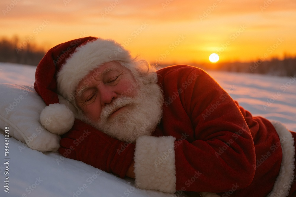 Obraz premium Santa Claus catching peaceful sleep on a white pillow in fresh snow during a vibrant winter sunrise, representing holiday rest