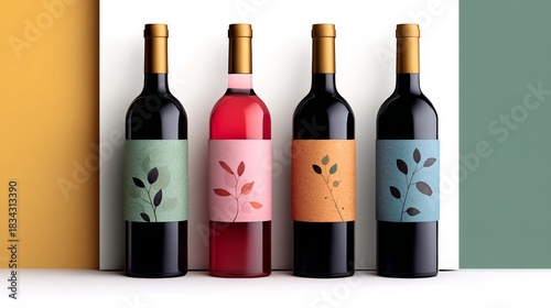 Four bottles of wine with different colored labels. The bottles are lined up on a white background