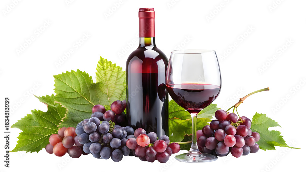 Obraz premium Elegant red wine bottle and glass arrangement with fresh grapes and vibrant green leaves, perfect for culinary and beverage promotions or sophisticated lifestyle imagery