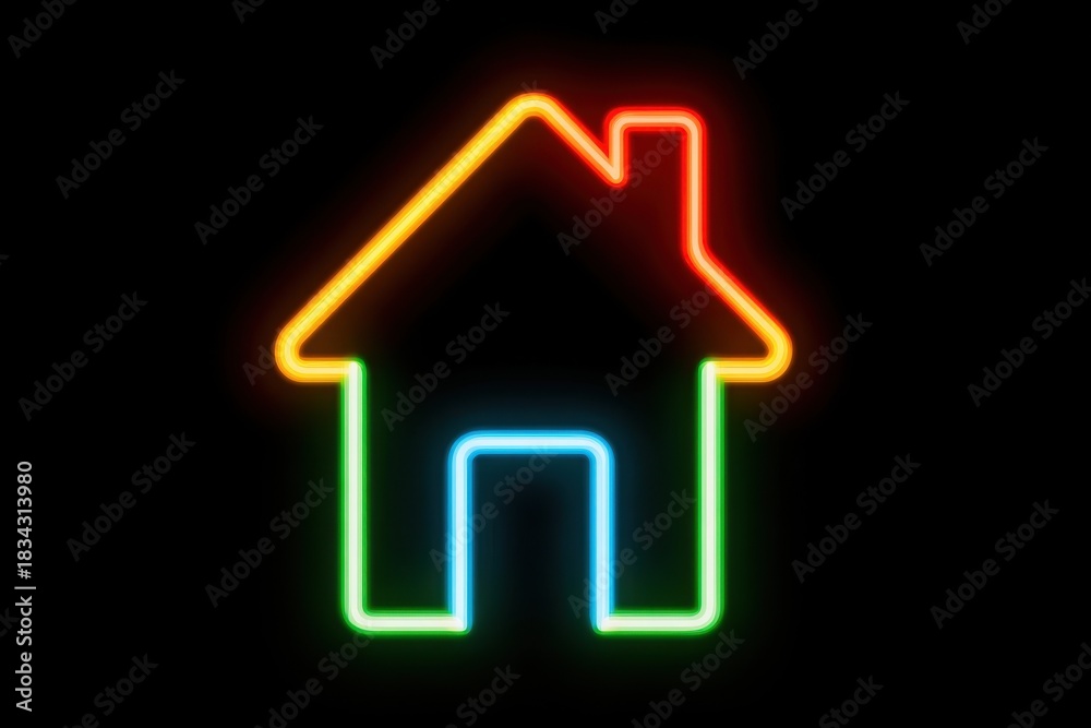 Fototapeta premium Colorful Neon House Outline on Black Background - Modern Home Icon.