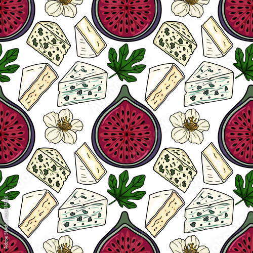 A vibrant and seamless vector pattern featuring ripe figs, creamy brie, and blue cheese wedges, accented by delicate white blossoms and lush green fig leaves.