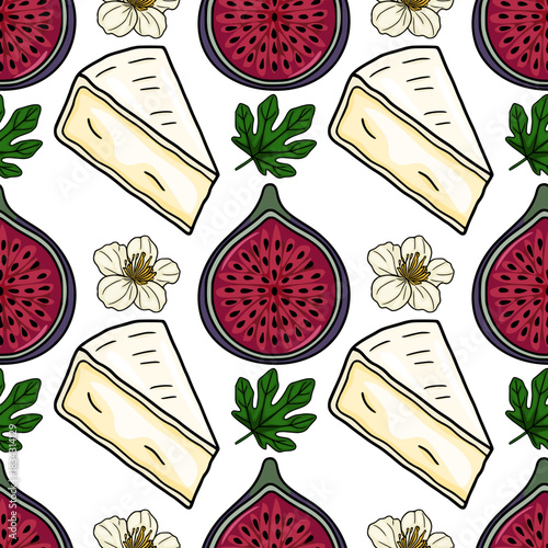 Whimsical vector pattern featuring ripe figs, creamy cheese wedges, delicate white flowers, and vibrant green fig leaves, set against a clean white background for a fresh, appealing aesthetic.