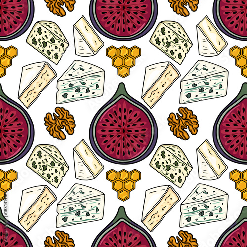 A delightful vector pattern featuring a seamless arrangement of gourmet cheese wedges, ripe figs, crunchy walnuts, and golden honeycombs, perfect for food-themed designs.