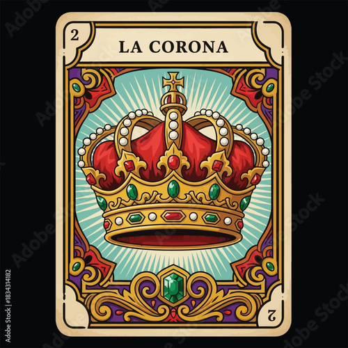 A regal golden crown with a red jewel-encrusted band, representing royalty and power, within an ornate vintage frame