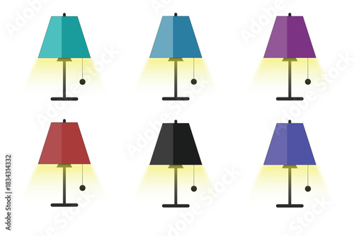 Colorful table lamps with glowing light create a warm decorative atmosphere. Modern shaded designs add style to interior illustrations. Ideal for home decor graphics and creative projects.