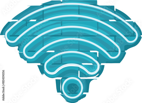 Glowing blue neon Wi-Fi signal icon vector illustration set against a stylized brick wall, representing modern technology, wireless connection, digital 