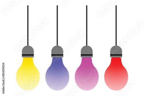 Colorful hanging light bulbs with gradient glow create a modern decorative look. Vibrant illumination enhances interior design concepts. Minimal style ideal for creative lighting visuals.