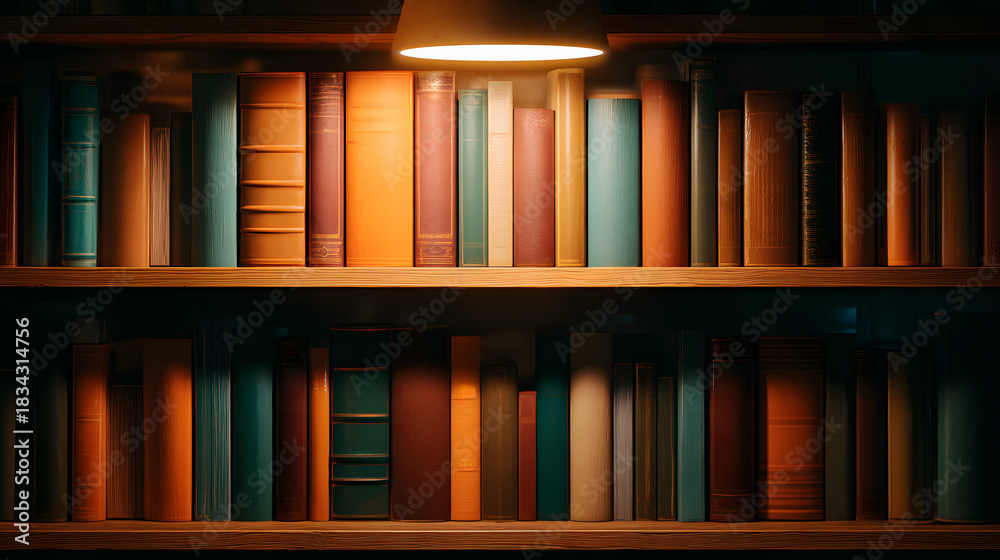Fototapeta premium Bookshelf Filled with Books Under Warm Reading Light 